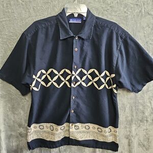 Island 2 Island Men's sz Lg cotton linen Hawaian Shirt black cream color